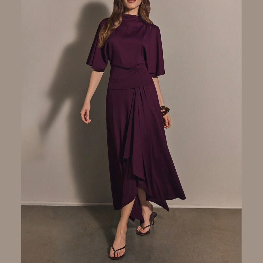 Plum Draped Stand Collar Flutter Sleeve Top and Asymmetric Hem Skirt Set